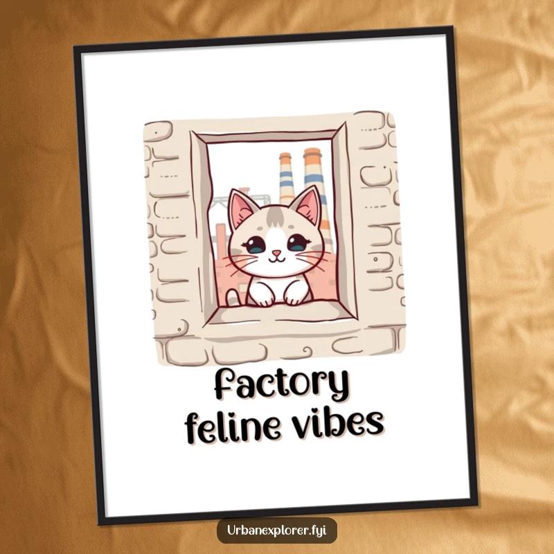 Funny kawaii cat peeking through a broken window of an old factory, presented as a vibrant wall poster, ideal for a funny gift.