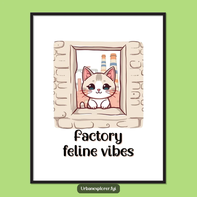 Funny Kawaii Cat Factory Window Poster - Quirky & Hilarious Wall Art Gift