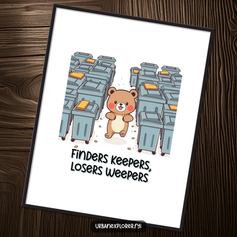 Funny bear bravely navigating a maze of dumpsters with delight, as wall art.