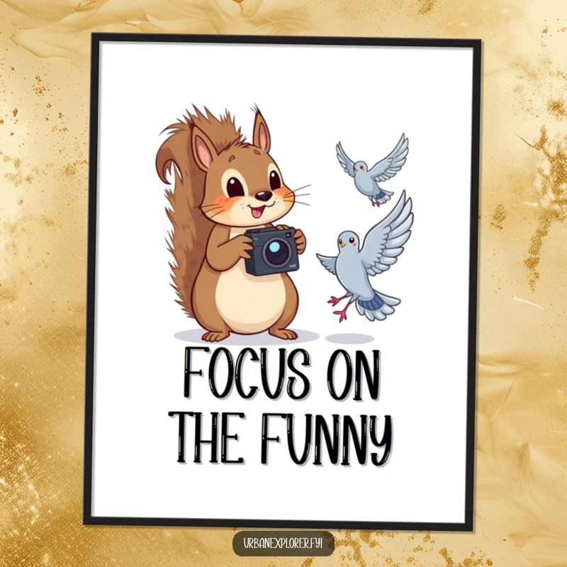 Funny squirrel holding a camera, humorously photographing a pigeon in flight, displayed as wall art.