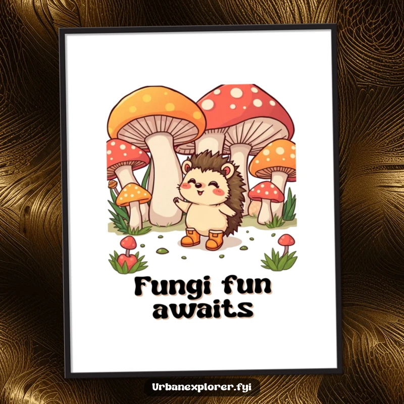 Funny Poster: A happy hedgehog in tiny boots excitedly explores a cluster of giant, colorful mushrooms.