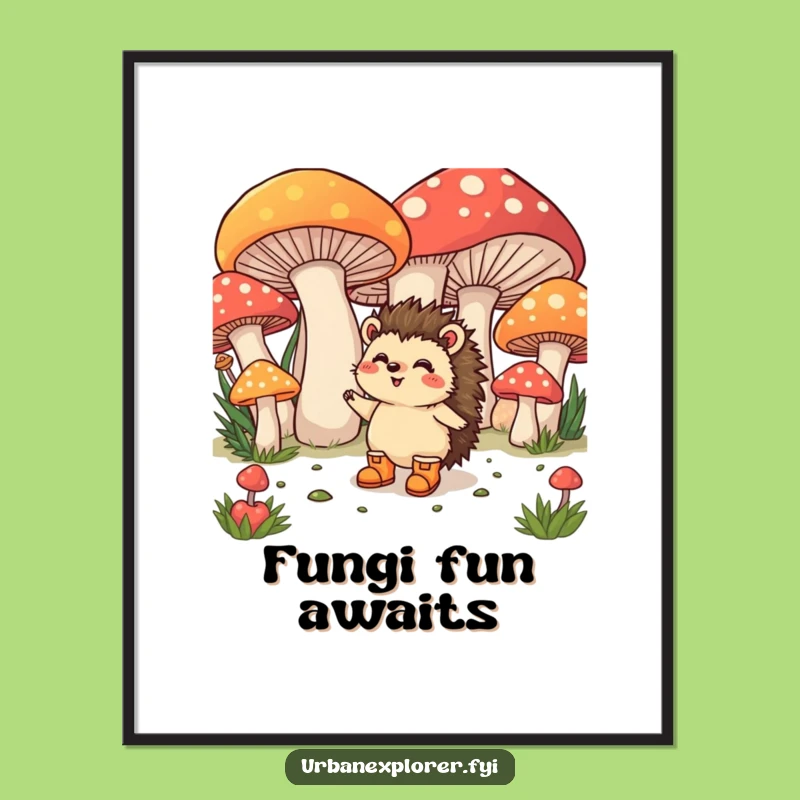 Funny Hedgehog Mushroom Poster: Tiny Boots' Whimsy, Artistic Funny Gift for Walls!