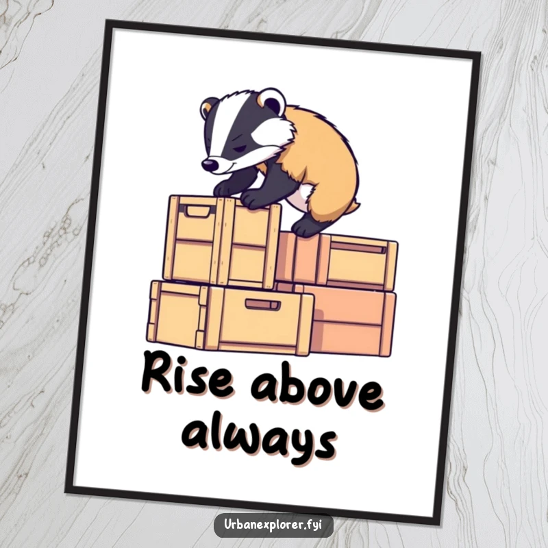 Funny badger character determinedly climbing stacked crates, creating a humorous and motivational scene for wall art.