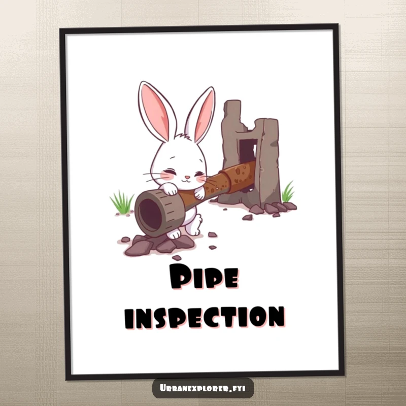 Funny poster art of a curious bunny character examining a rusty pipe, ideal for humorous wall decor.