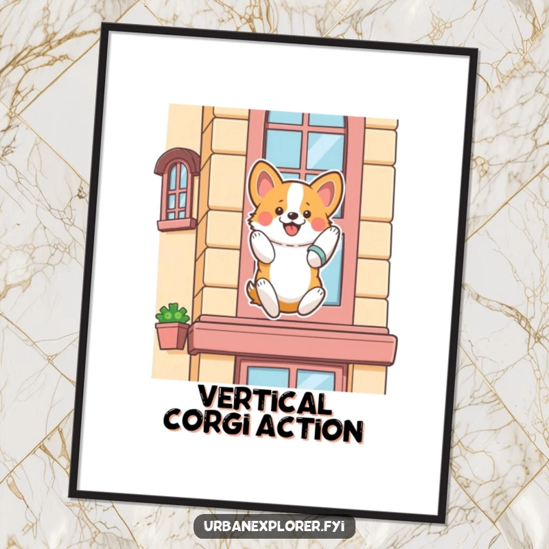 Funny corgi poster, a fluffy corgi enthusiastically rappelling down a stylized building facade, a humorous piece of wall art.