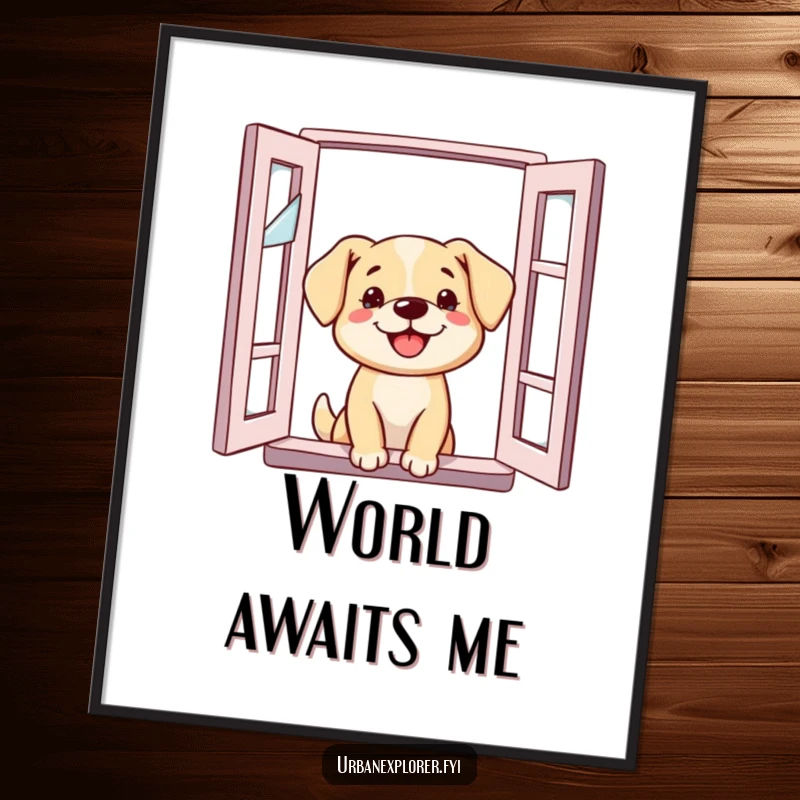 Funny Dog Poster: A cheerful dog’s head sticking out of a broken window, embodying curiosity, wonder, and a playful peek.