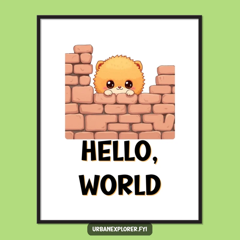Funny Fluffy Creature Poster: Curious Wall Peek Art, Whimsical Gift