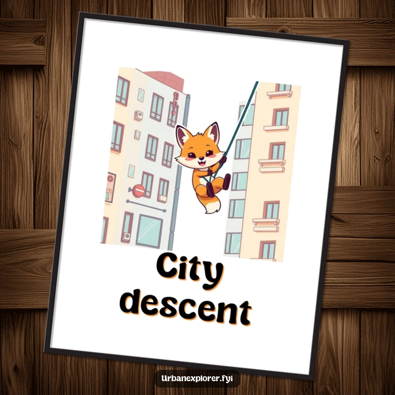 Funny poster art of a playful fox character rappelling down a stylized urban building, ideal for humorous wall decor.