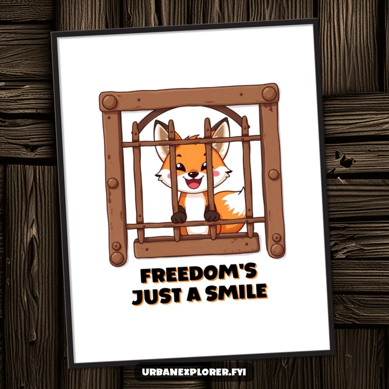 Funny Poster: A brave fox’s excited face peeks through a rusty, barred window in a compelling illustration.