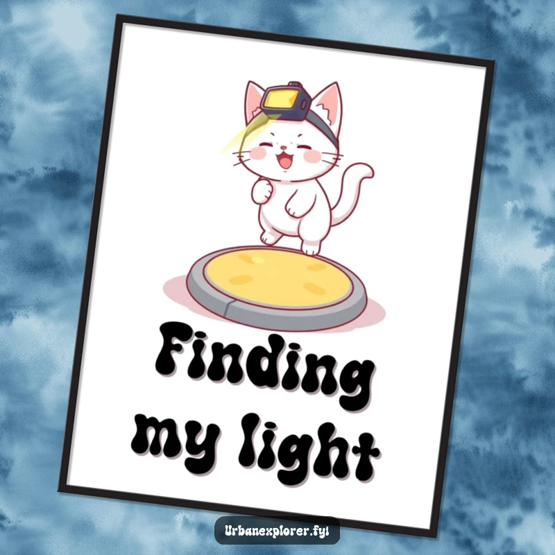 Funny giggling white kitten with a headlamp bouncing on a manhole cover, presented as whimsical and funny wall art.