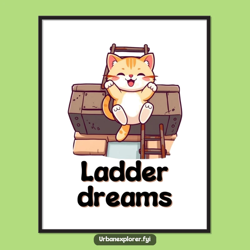 Funny Kawaii Cat Fire Escape Poster: Urban Art, Playful Decor Gift