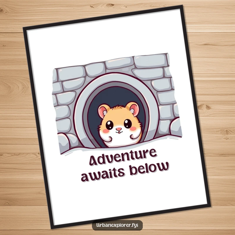 Funny Kawaii Hamster Poster: A wide-eyed kawaii hamster discovers a hidden subway entrance, bringing a sense of humorous adventure to your decor.