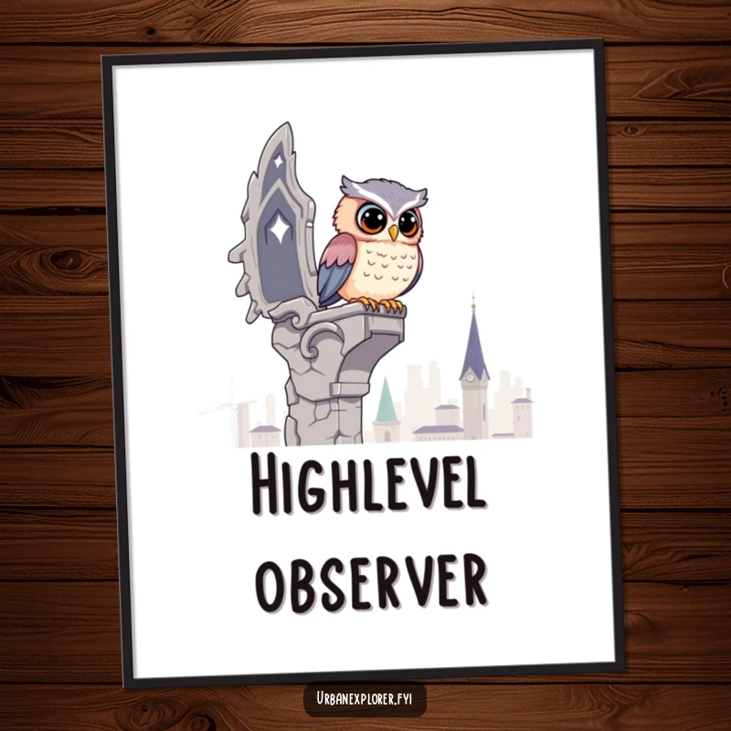 Funny Kawaii Owl Poster: A cute owl perched on a crumbling gargoyle surveys the city below, bringing humorous observation to your wall.