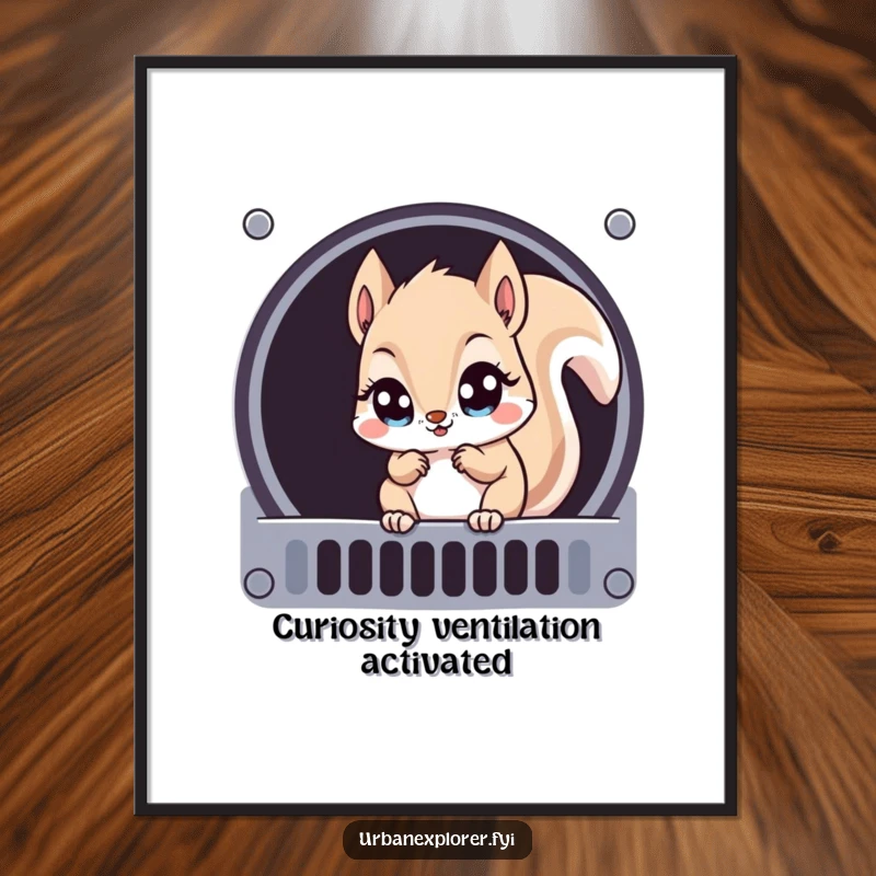 Funny Kawaii squirrel with wide eyes, examining a ventilation grate, displayed as charming wall art on a poster.