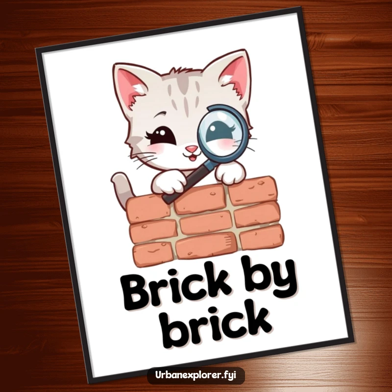 Funny Poster illustrating a focused kitten character examining a weathered brick texture with a magnifying glass, emphasizing detailed observation.