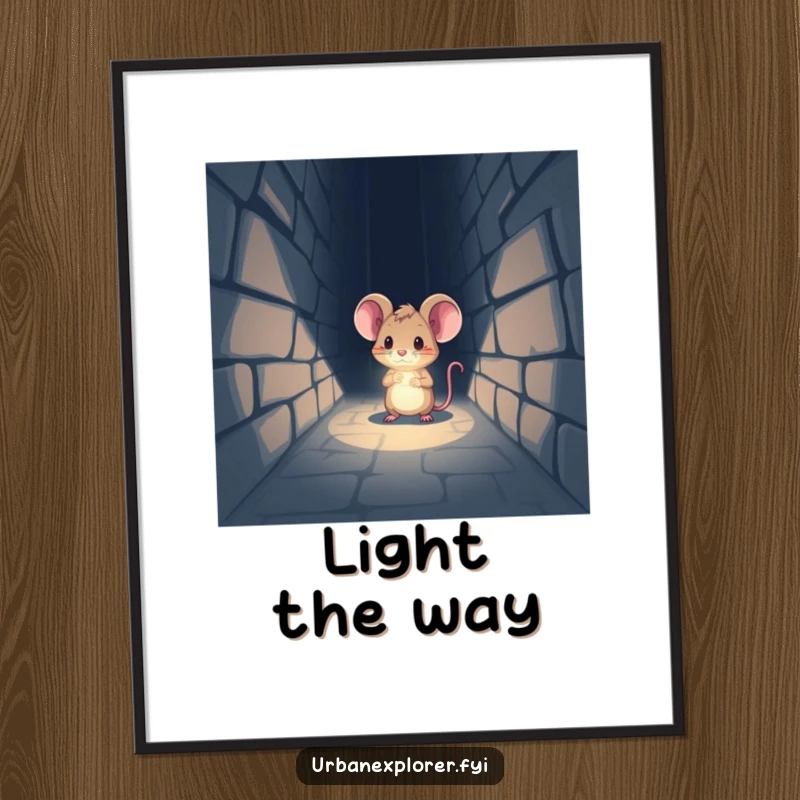 Funny Poster: A tiny mouse with a headlamp bravely shines its beam into a dark, mysterious alleyway.