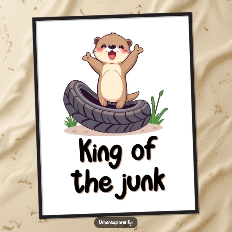 Funny Otter Poster: A delighted otter triumphantly balances on a tire, embodying success and playful celebration, ideal wall art.