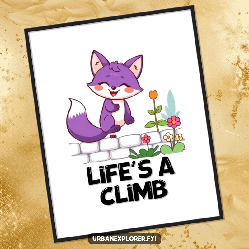 Funny purple fox with a determined grin scaling a low garden wall, presented as a colorful and cheerful art print.