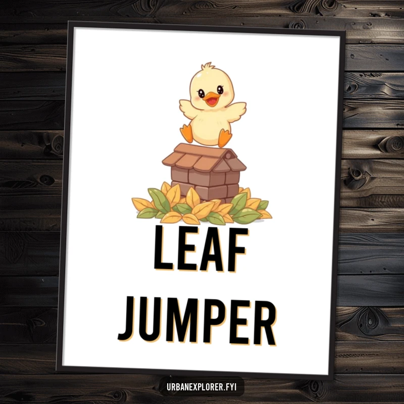 Funny poster art of a smiling duckling leaping from a rooftop onto a pile of leaves, capturing a moment of pure delight.