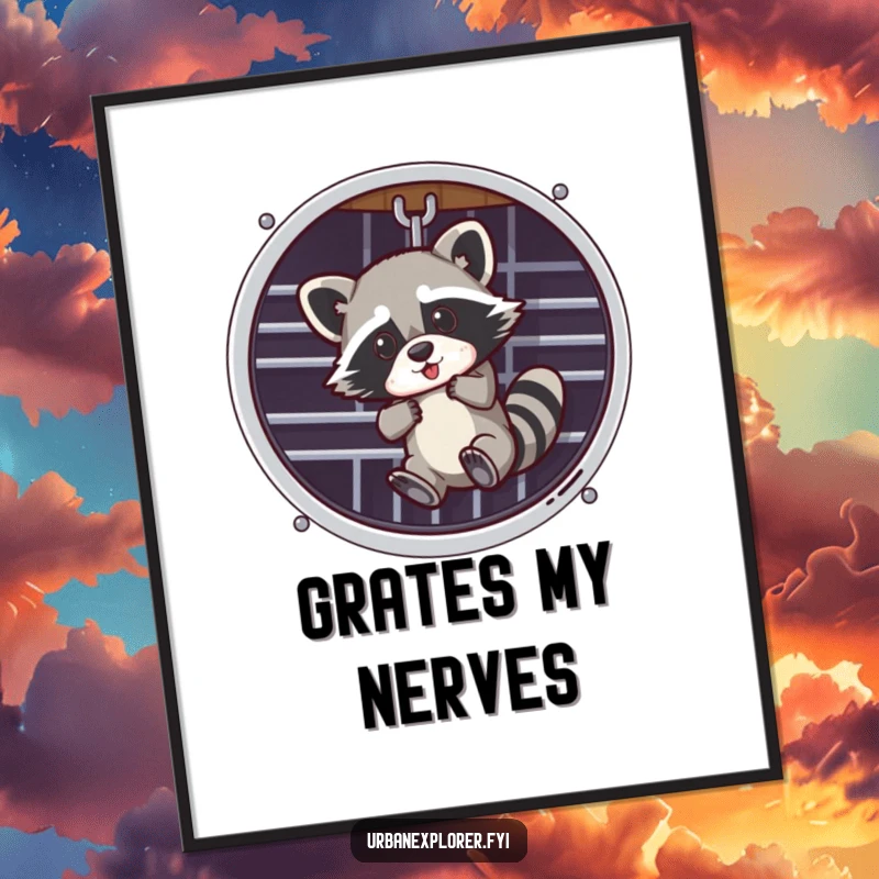 Funny poster print of a raccoon dangling from a ventilation grate, adding a humorous and artistic element to decor.