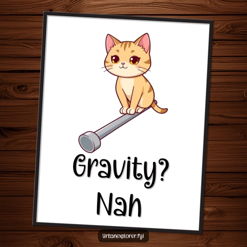 Funny poster print of a determined cat skillfully balancing on a narrow pipe, looking confidently into the distance.