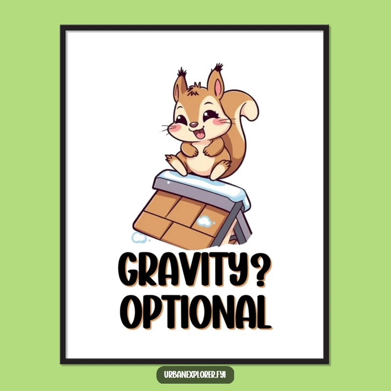 Funny Kawaii Squirrel Poster - Hilarious Rooftop Slide Art Print