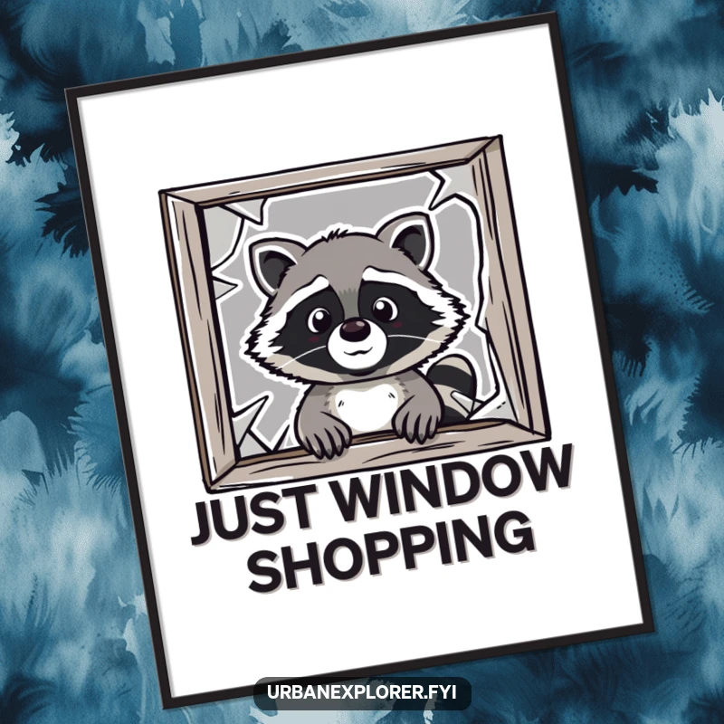 Funny raccoon poster, cartoon raccoon at window, broken glass art, humorous wall decor, gift for animal lover.