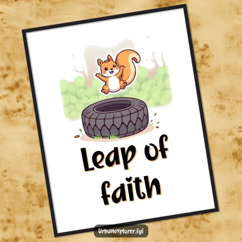 Funny Kawaii Squirrel Poster, cute squirrel leaping over a tire, energetic and joyful art print, ideal funny gift.