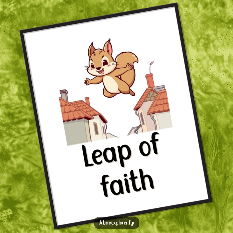 Funny poster art of a determined squirrel leaping between distant rooftops, ideal for humorous wall decor.