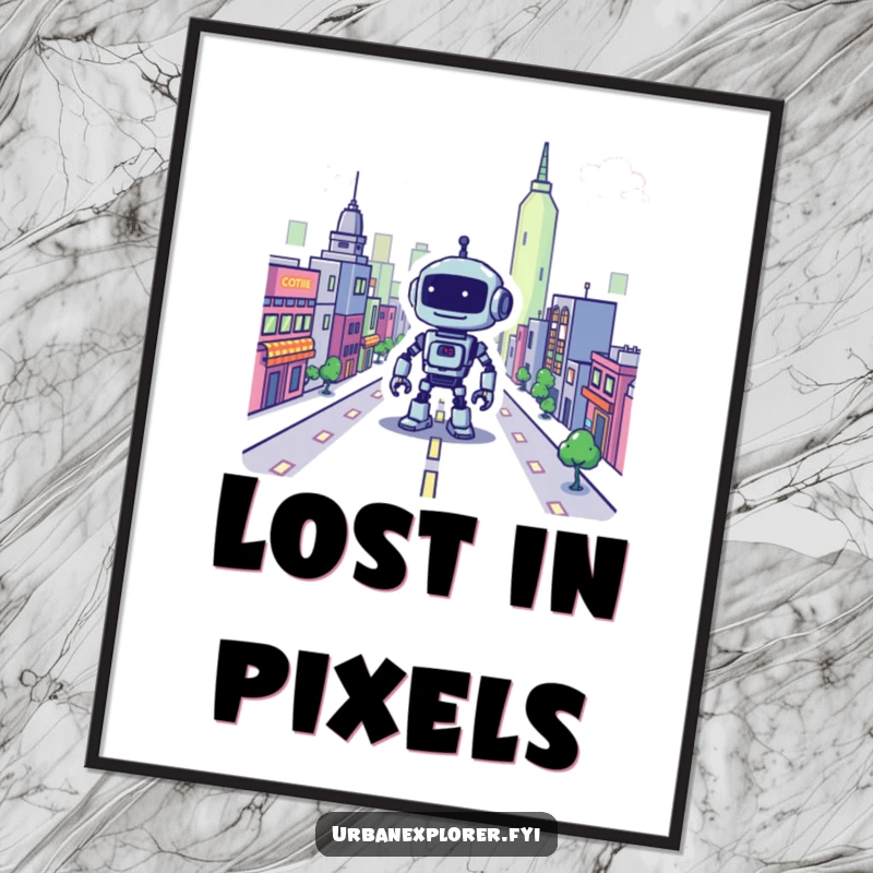 Funny robot poster, pixelated cityscape, lost bot, retro gamer art, humorous wall decor gift.