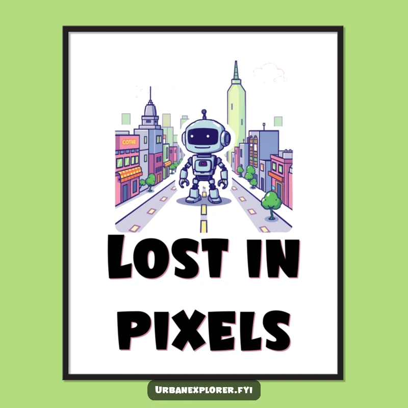 Funny Pixel Robot City Poster: Retro Cartoon Art for Gamers' Decor