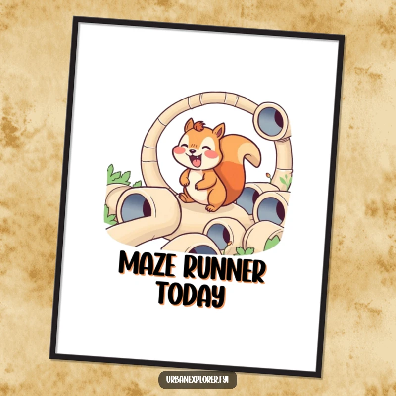 Funny poster art of a joyful squirrel navigating a complex maze of tiny pipes, creating a humorous and engaging wall display.
