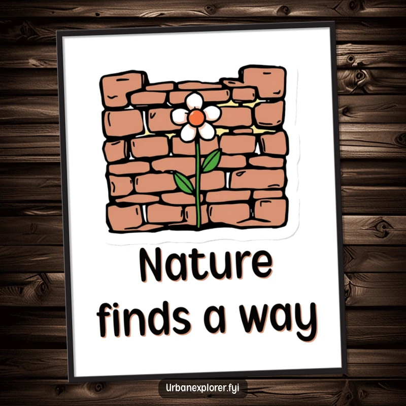 Funny minimalist drawing of crumbling brickwork with a flower, displayed as a hopeful and humorous poster for wall art.
