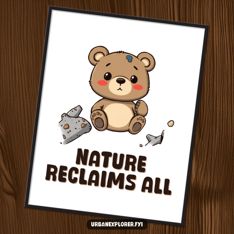 Funny Bear Poster: A whimsical cartoon bear appreciating the textures of industrial decay, presented as humorous wall art.