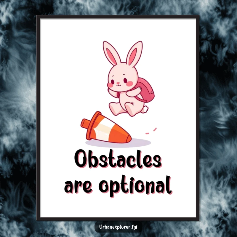 Funny poster art of a determined pink bunny with a backpack, jumping over a discarded, upside-down traffic cone.