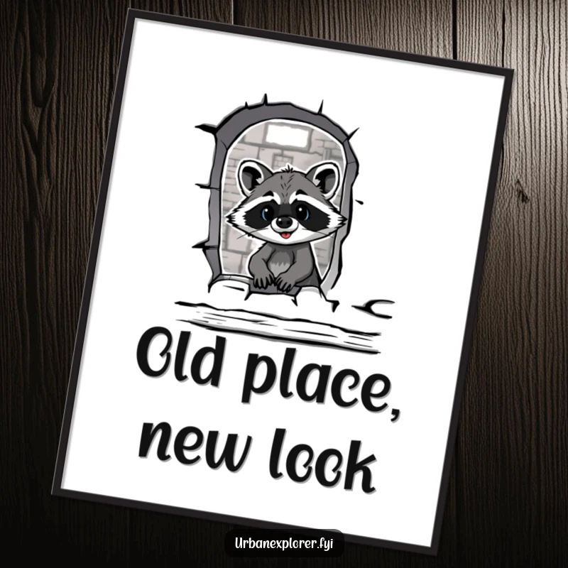 Funny raccoon peering through a broken warehouse window, depicted on a mysterious and humorous poster.