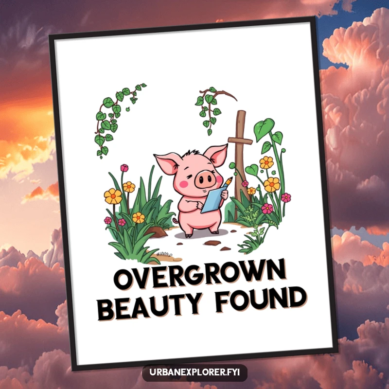 Funny Pig Poster: A goofy cartoon pig sketching an overgrown, forgotten garden, presented as humorous wall art.