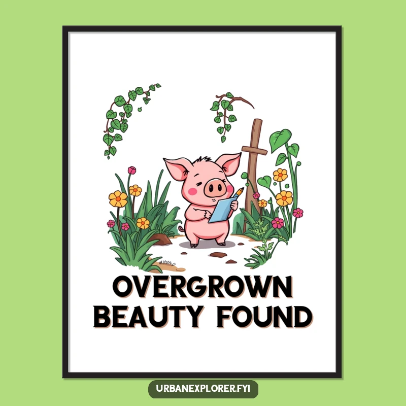 Funny Pig Art Poster: Overgrown Garden Scene, a Humorous Wall Decor Gift