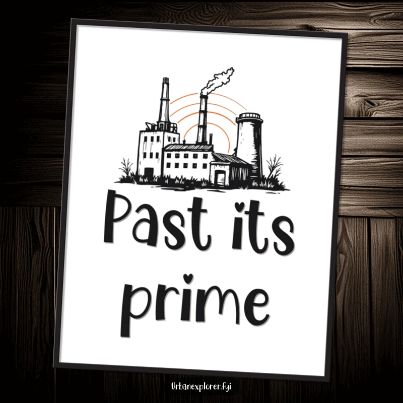 Funny factory poster, abandoned building sunset, sketchy art print, atmospheric wall decor, humorous gift for admirer.
