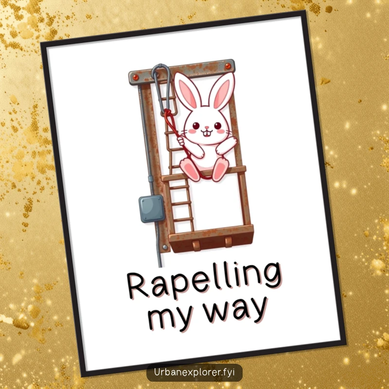 Funny Kawaii Bunny Poster, cute rabbit rappelling down a fire escape, adventurous art print, ideal funny gift.