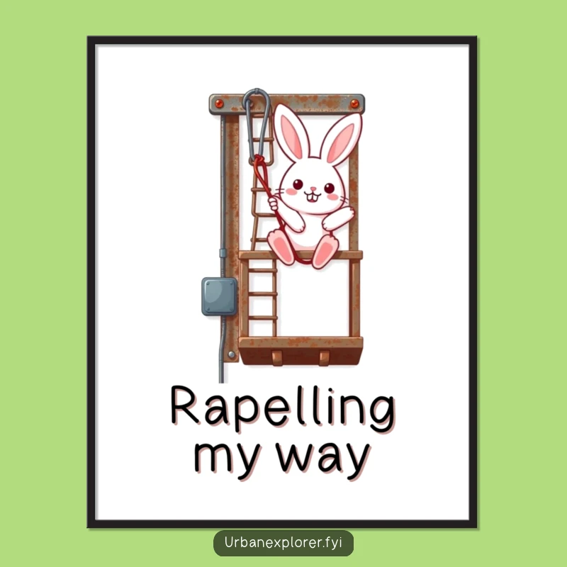 Funny Kawaii Bunny Poster: Adorable Rappelling Fire Escape Art Print, Great Funny Gift