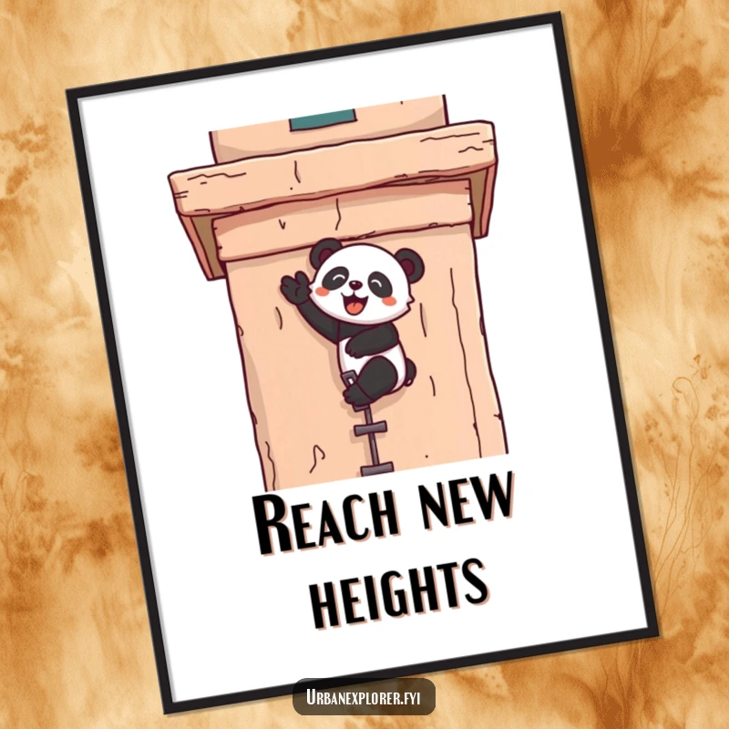 Funny kawaii poster featuring a panda joyfully scaling a tall, weathered building facade, radiating positive energy.
