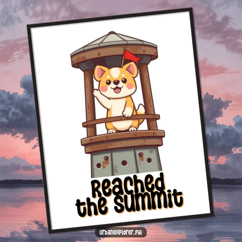 Funny Kawaii Dog Poster: A cute dog triumphantly plants a tiny flag on a rusty water tower, capturing a moment of humorous victory.