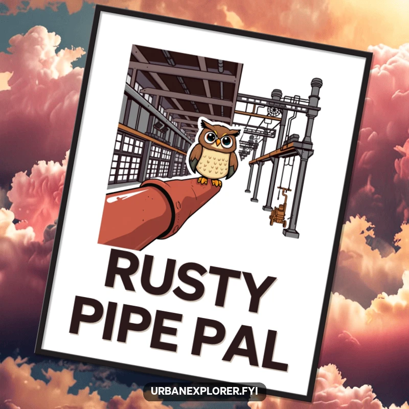 Cheerful owl perched on a rusty pipe inside an empty industrial complex, depicted on a vibrant and humorous poster.