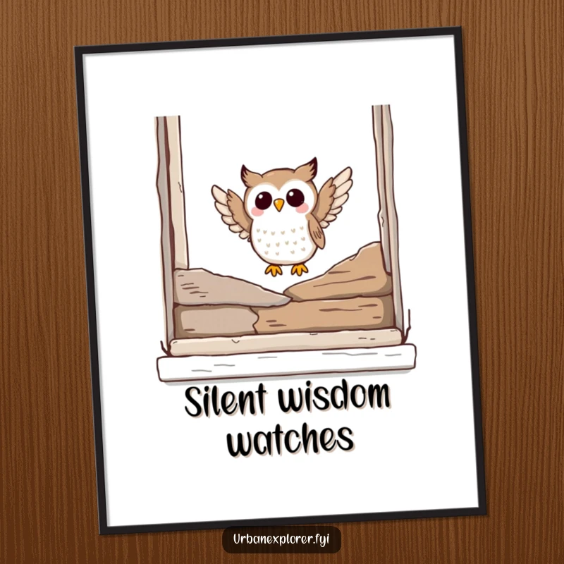 Funny owl poster showing a happy, landing owl on a weathered window ledge, ideal for adding humorous wall decor.