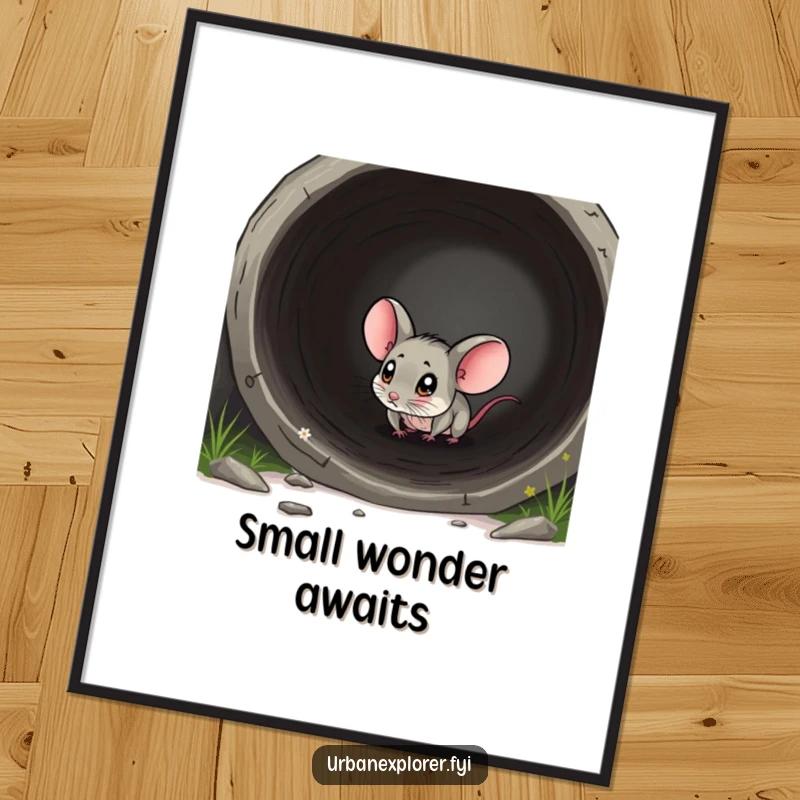 Funny mouse poster of a tiny mouse exploring a large pipe with wide, curious eyes, bringing whimsical decor.