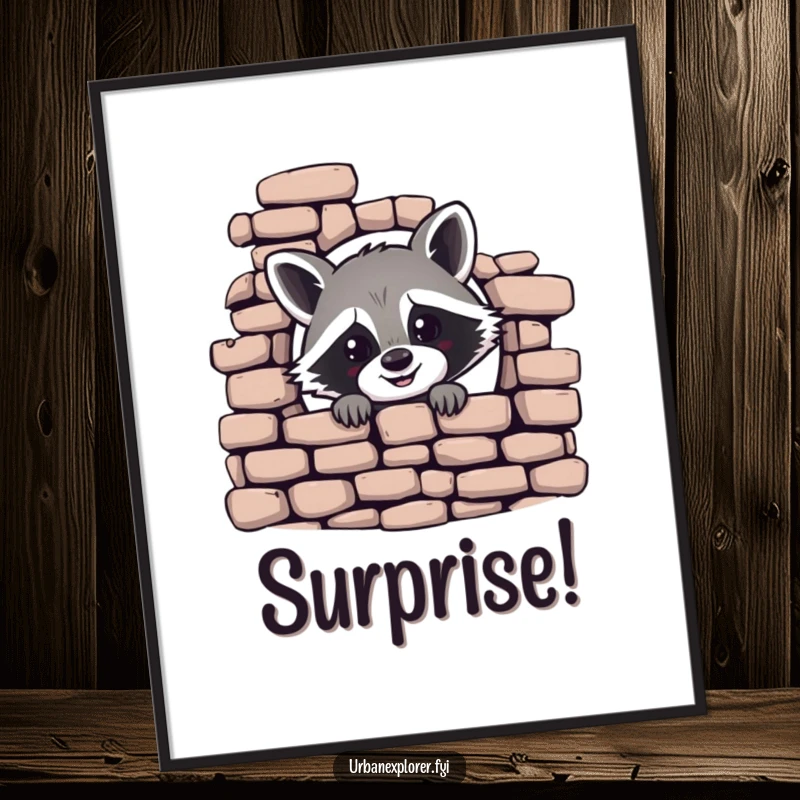 Funny poster featuring a cheerful raccoon peeking from behind a crumbling brick wall, ideal for humorous wall art.