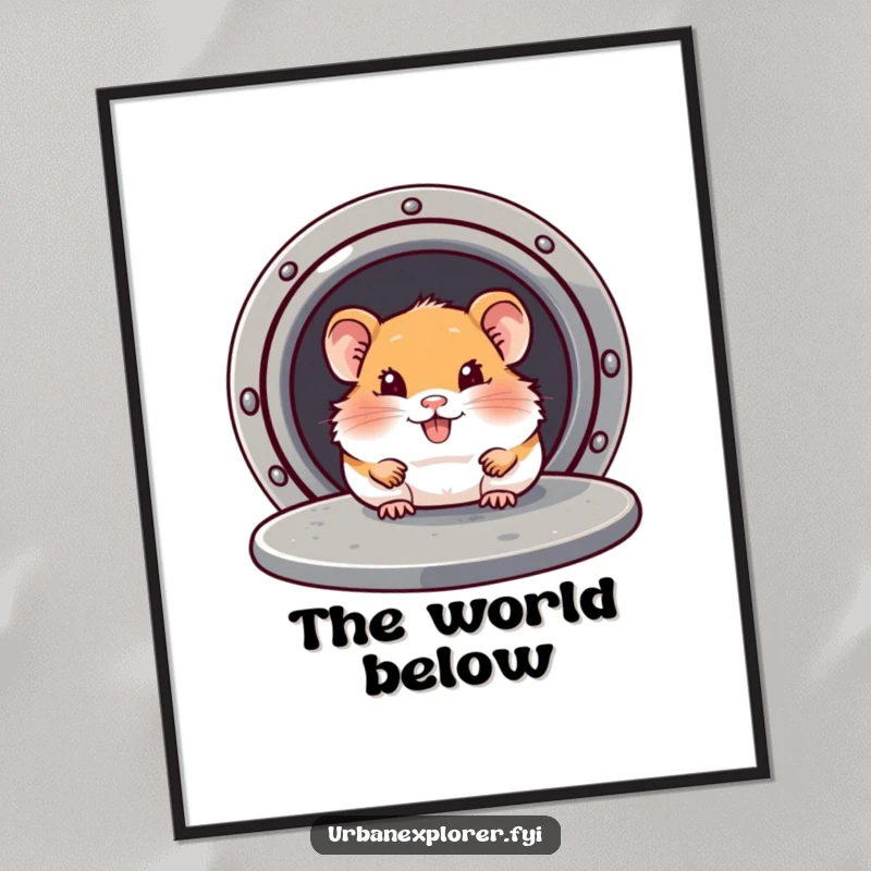 Funny Hamster Poster: A smiling hamster peeking out from under a loose manhole cover, symbolizing playful secrets and hidden discoveries.