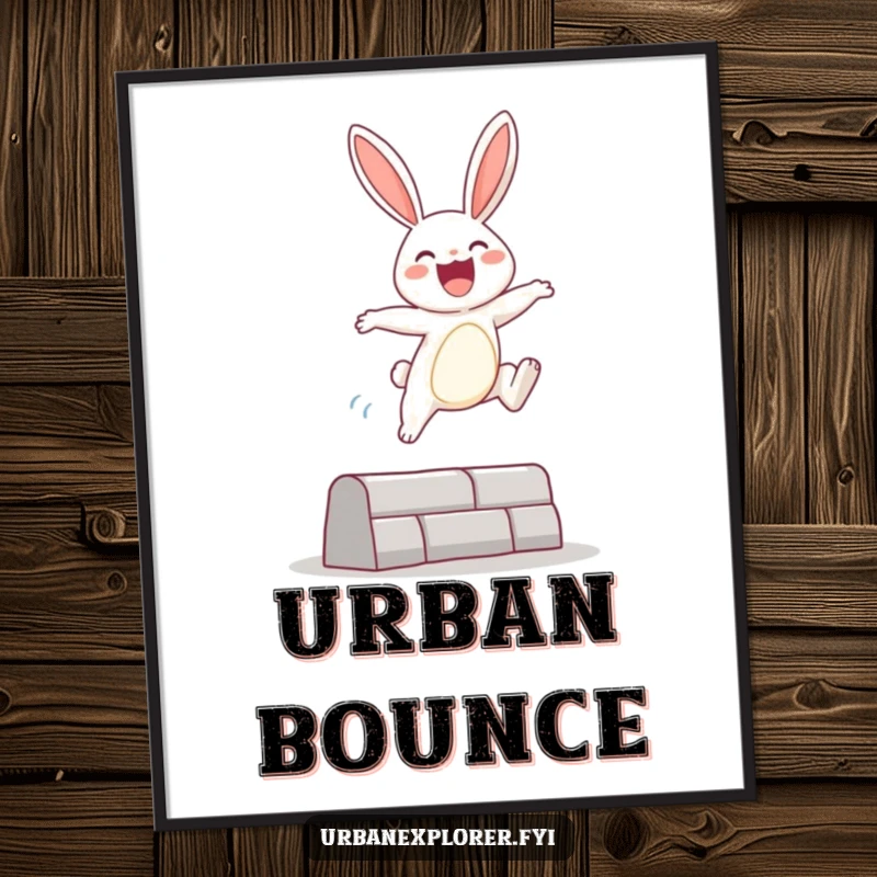 Funny Poster illustrating a gleeful bunny character soaring over a small urban obstacle, capturing a moment of pure joy and dynamic action.