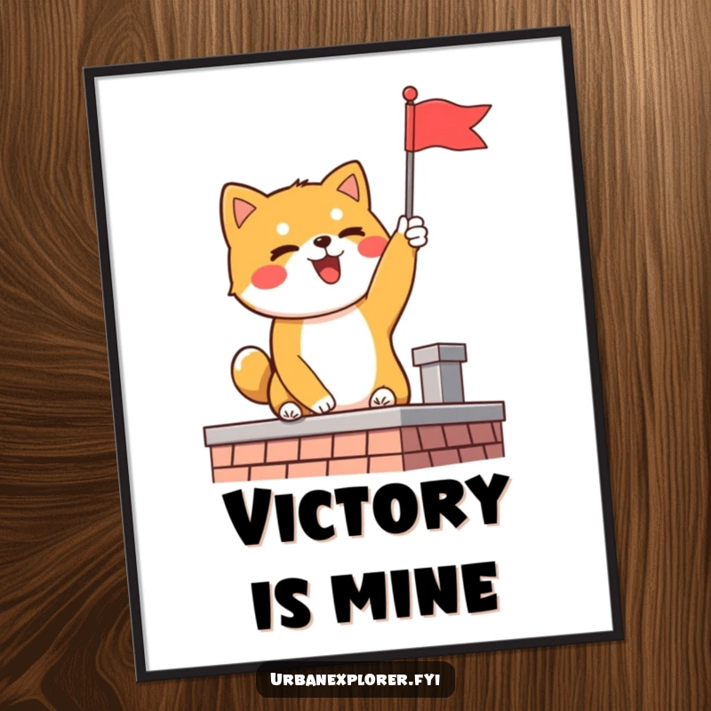 Funny Shiba Inu poster of a delighted dog planting a flag on a rooftop, conveying a sense of pure joy and accomplishment.